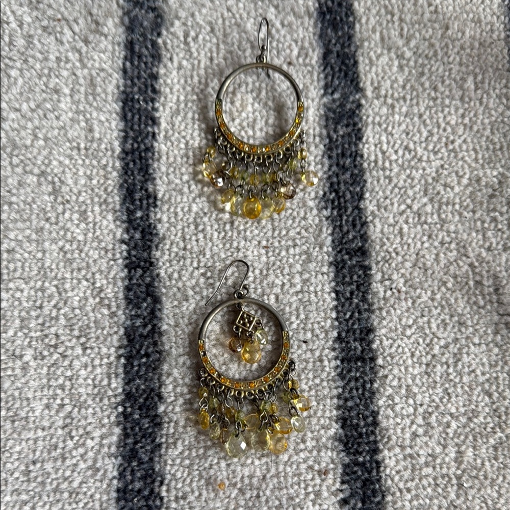 Silver and Yellow Hoop Earrings with Intricate Charms